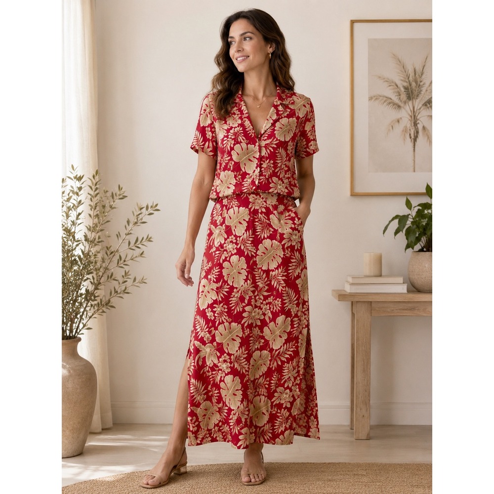 Kathie Lee Collection Tropical Floral Maxi Dress and Shirt Set Ruby Red